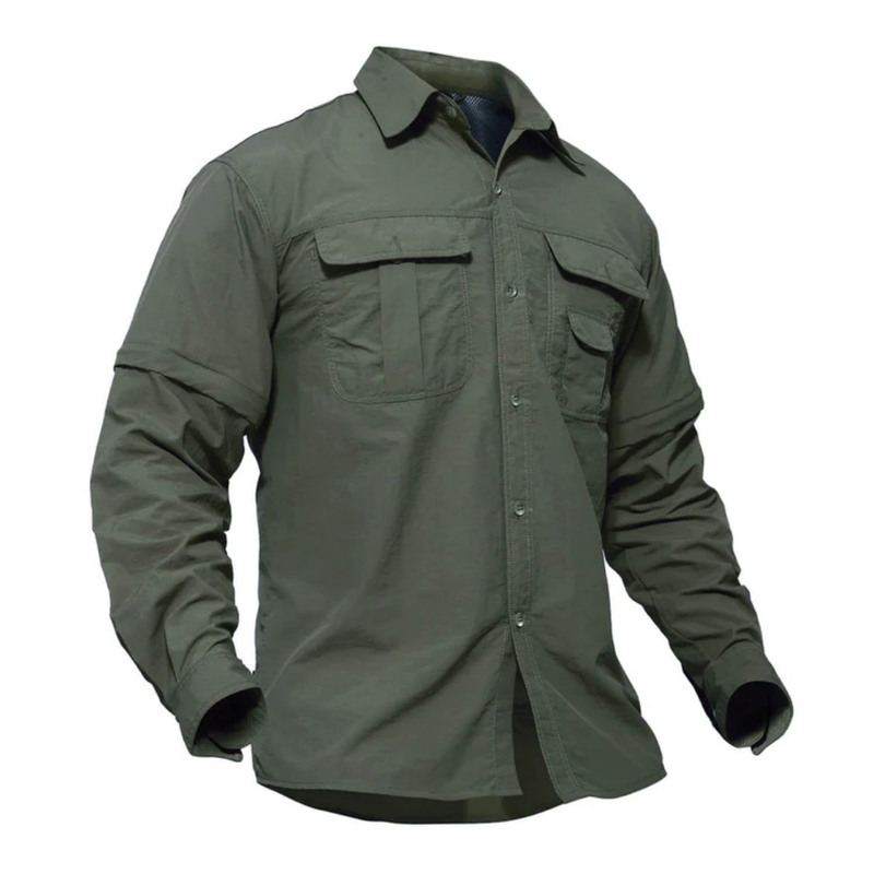 Herren Outdoor Hemd | Abnehmbare Ärmel | Einfarbig | Knöpfe | Kragen-Olivegrün-S-Luzern Mode
