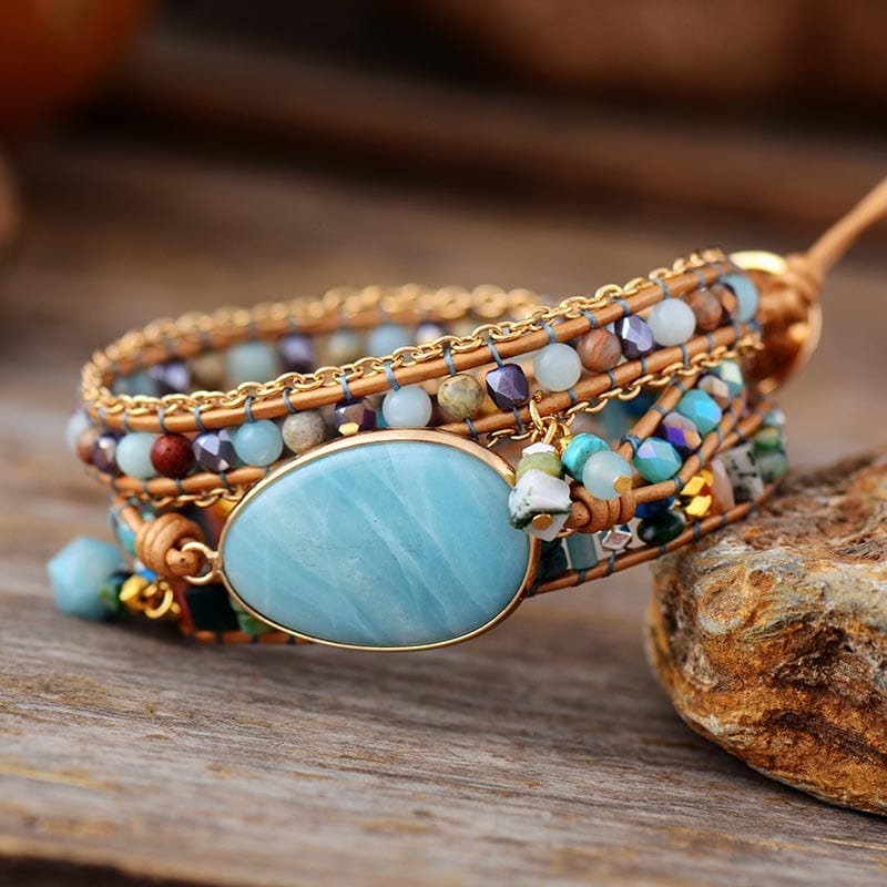Wickelarmband | Meeresblau Amazonit Boho Stilvoll Heilend Handgefertigt-Luzern Mode