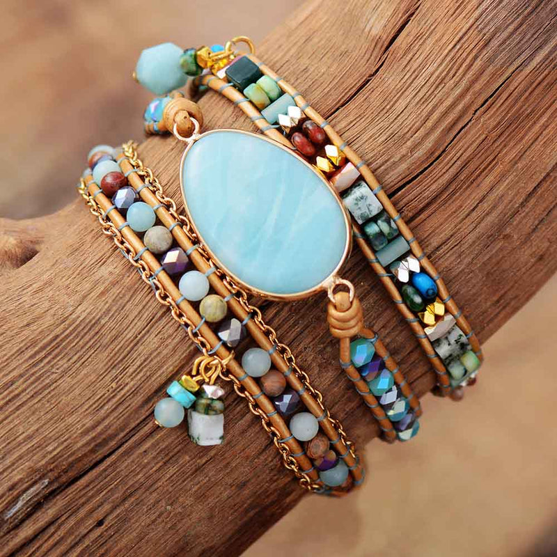 Wickelarmband | Meeresblau Amazonit Boho Stilvoll Heilend Handgefertigt-Luzern Mode