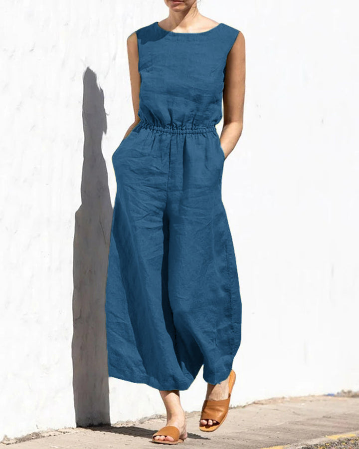 Damen Jumpsuit | Weit Geschnitten | Elastische Taille | Ärmellos-Blau-S-Luzern Mode