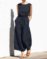 Damen Jumpsuit | Weit Geschnitten | Elastische Taille | Ärmellos-Dunkelblau-S-Luzern Mode
