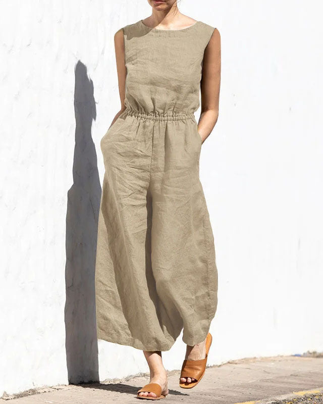 Damen Jumpsuit | Weit Geschnitten | Elastische Taille | Ärmellos-Khaki-S-Luzern Mode