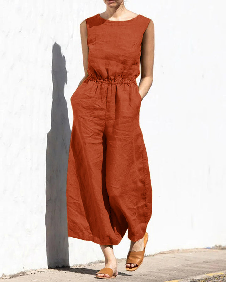 Damen Jumpsuit | Weit Geschnitten | Elastische Taille | Ärmellos-Orange-S-Luzern Mode