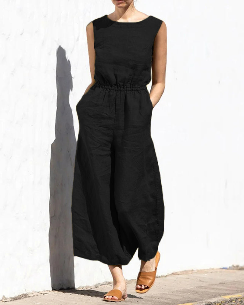 Damen Jumpsuit | Weit Geschnitten | Elastische Taille | Ärmellos-Schwarz-S-Luzern Mode
