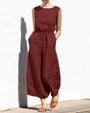 Damen Jumpsuit | Weit Geschnitten | Elastische Taille | Ärmellos-Weinrot-S-Luzern Mode