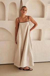 Ärmelloses Beiges Boho Maxi Kleid im Leinen-Look – Elin