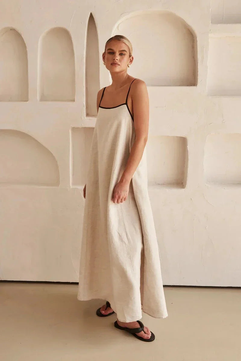 Ärmelloses Beiges Boho Maxi Kleid im Leinen-Look – Elin