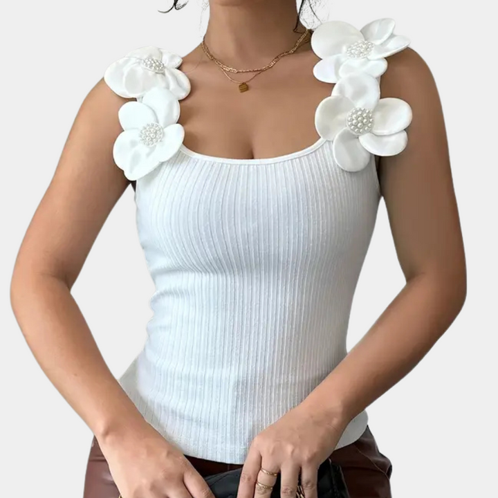 Damen Top mit Blumenapplikation und Perlendetails-Luzern Mode