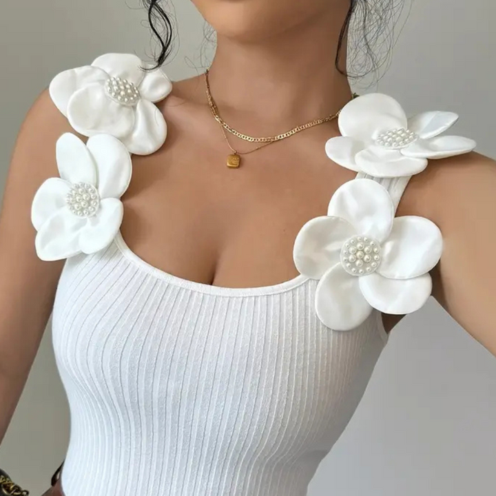 Damen Top mit Blumenapplikation und Perlendetails-Luzern Mode