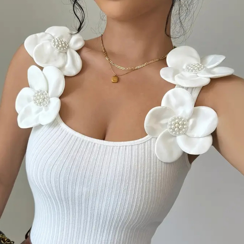 Damen Top mit Blumenapplikation und Perlendetails-Luzern Mode