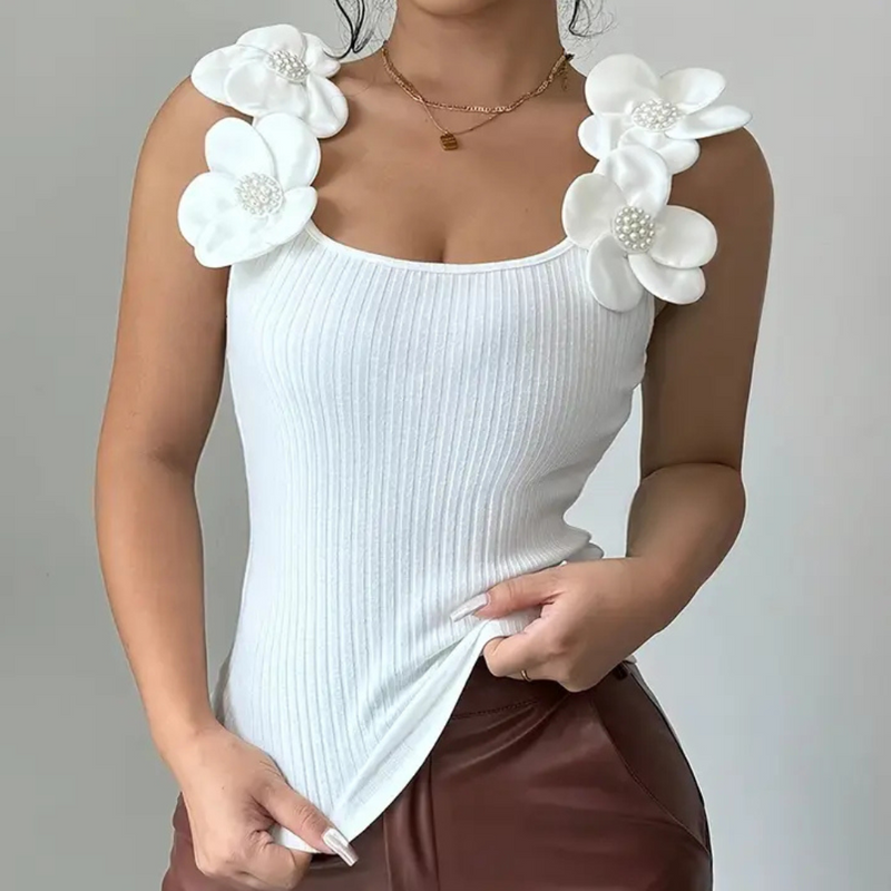 Damen Top mit Blumenapplikation und Perlendetails-Luzern Mode