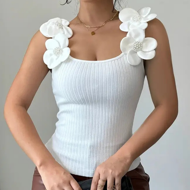 Damen Top mit Blumenapplikation und Perlendetails-XS-Luzern Mode