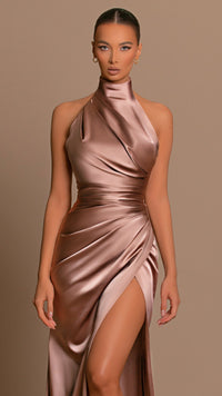 Ärmelloses Roségold Maxi-Kleid | Kragen | Satin | Schlitz | weich | Glanz-XS-Luzern Mode