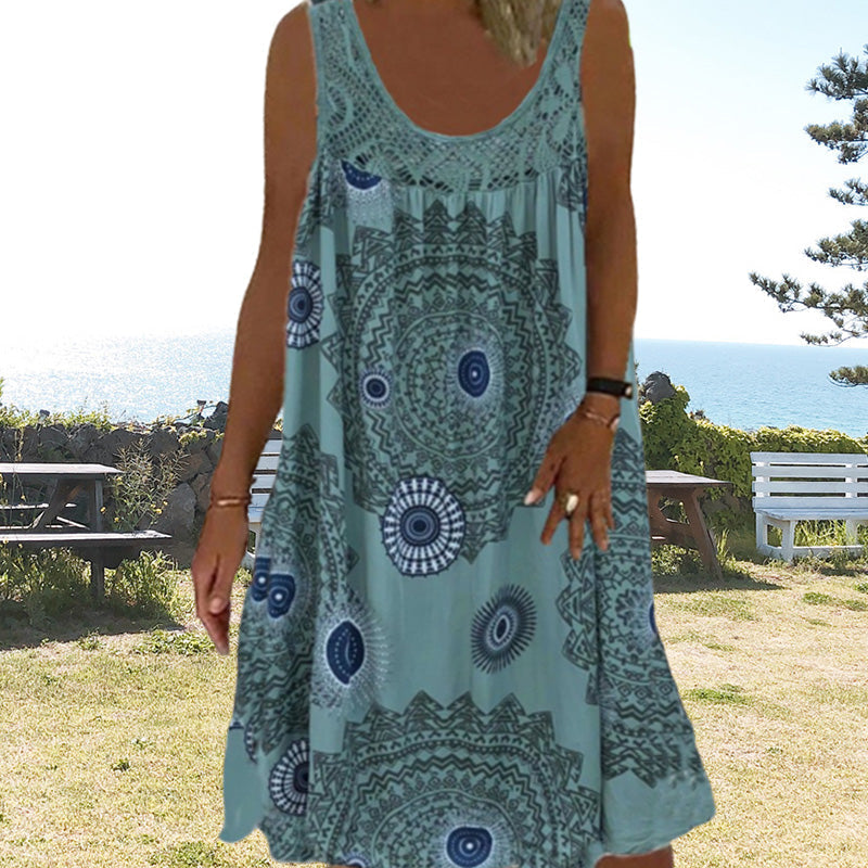 Ärmelloses Sommerkleid | Luftig & Komfortabel | Verspielter Druck | Knielänge-Armeegrün-S-Luzern Mode