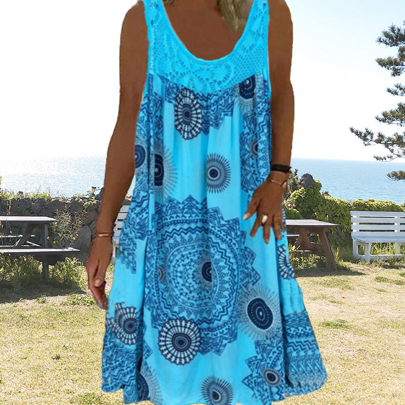 Ärmelloses Sommerkleid | Luftig & Komfortabel | Verspielter Druck | Knielänge-Blau-S-Luzern Mode
