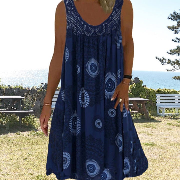 Ärmelloses Sommerkleid | Luftig & Komfortabel | Verspielter Druck | Knielänge-Dunkelblau-S-Luzern Mode