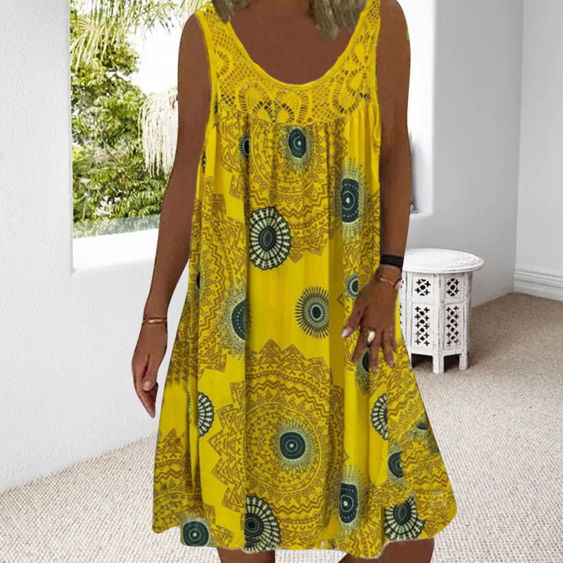 Ärmelloses Sommerkleid | Luftig & Komfortabel | Verspielter Druck | Knielänge-Gelb-S-Luzern Mode