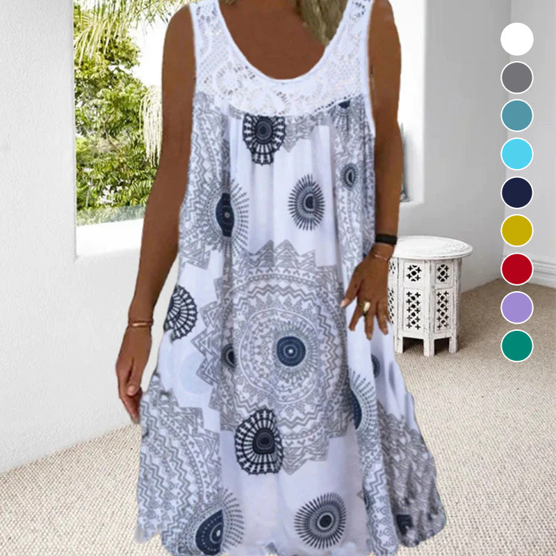 Ärmelloses Sommerkleid | Luftig & Komfortabel | Verspielter Druck | Knielänge-Weiß-S-Luzern Mode