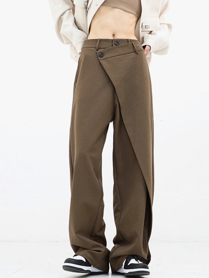 Baggy Damenhose | Asymmetrisch | Einfarbig | Doppelt Knopf | Atmungsaktiv-Braun-XS-Luzern Mode