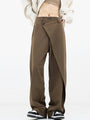 Baggy Damenhose | Asymmetrisch | Einfarbig | Doppelt Knopf | Atmungsaktiv-Braun-XS-Luzern Mode
