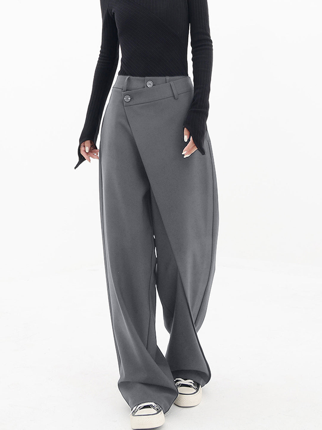 Baggy Damenhose | Asymmetrisch | Einfarbig | Doppelt Knopf | Atmungsaktiv-Grau-XS-Luzern Mode