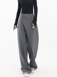 Baggy Damenhose | Asymmetrisch | Einfarbig | Doppelt Knopf | Atmungsaktiv-Grau-XS-Luzern Mode