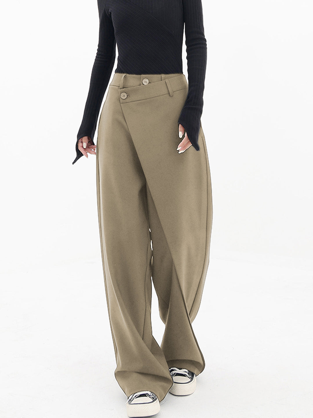 Baggy Damenhose | Asymmetrisch | Einfarbig | Doppelt Knopf | Atmungsaktiv-Khaki-XS-Luzern Mode