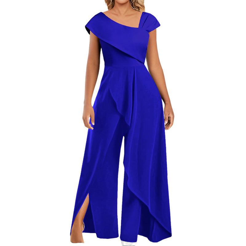 Damen Jumpsuit | Diagonalkragen | Asymmetrisch | Locker | Ärmellos-Blau-S-Luzern Mode