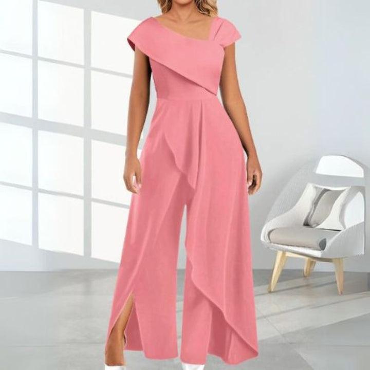 Damen Jumpsuit | Diagonalkragen | Asymmetrisch | Locker | Ärmellos-Rosa-S-Luzern Mode