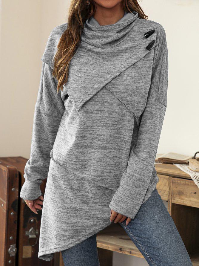 Asymmetrischer Damenpullover mit Rollkragen und Knöpfen-Grau-S-Luzern Mode