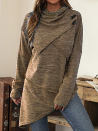 Asymmetrischer Damenpullover mit Rollkragen und Knöpfen-Khaki-S-Luzern Mode