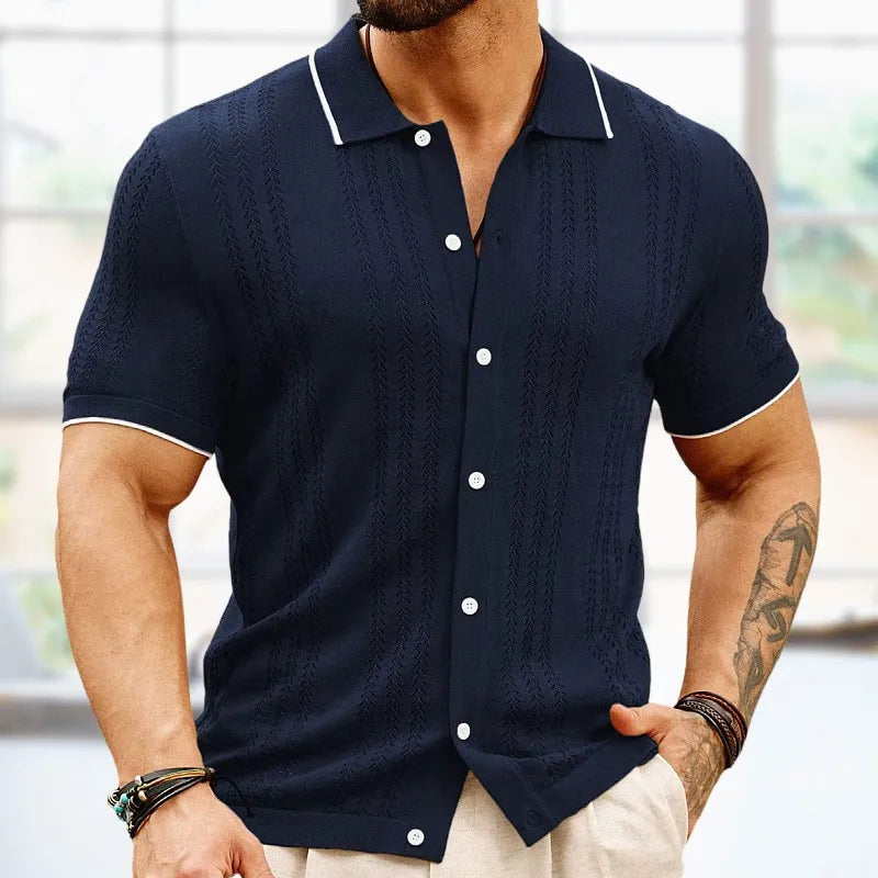 Strick Polo Herren Sommer | Baumwolle Leinen | Atmungsaktiv | Klassisch & leicht-Marineblau-S-Luzern Mode
