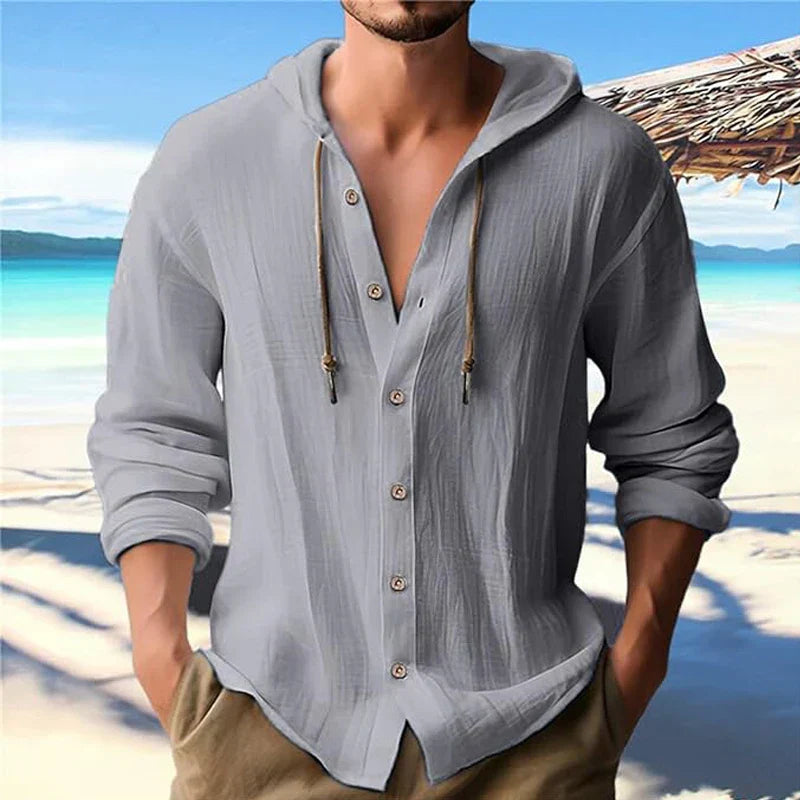 Kapuzenhemd Herren Sommer | Leinen Baumwolle | Atmungsaktiv | Freizeit Look-Grau-S-Luzern Mode