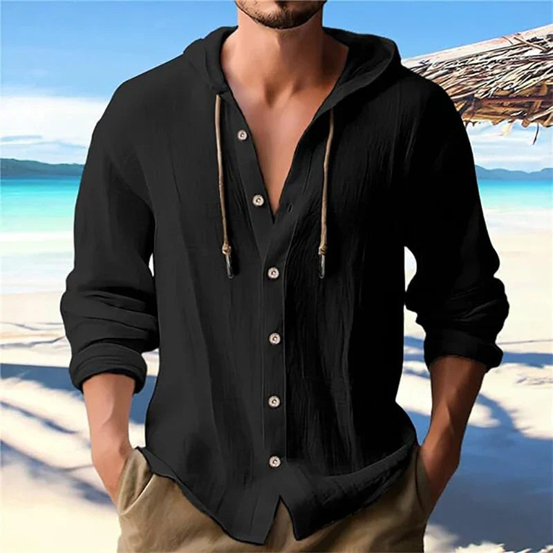 Kapuzenhemd Herren Sommer | Leinen Baumwolle | Atmungsaktiv | Freizeit Look-Schwarz-S-Luzern Mode