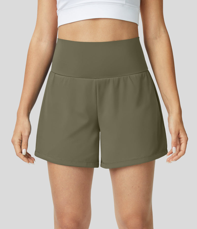 High-Waist Shorts Damen | 2-in-1 Fitnesshose | Yoga | schnelltrocknend | Sommer-Armygrün-S-Luzern Mode