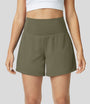High-Waist Shorts Damen | 2-in-1 Fitnesshose | Yoga | schnelltrocknend | Sommer-Armygrün-S-Luzern Mode