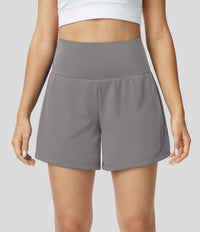 High-Waist Shorts Damen | 2-in-1 Fitnesshose | Yoga | schnelltrocknend | Sommer-Grau-S-Luzern Mode
