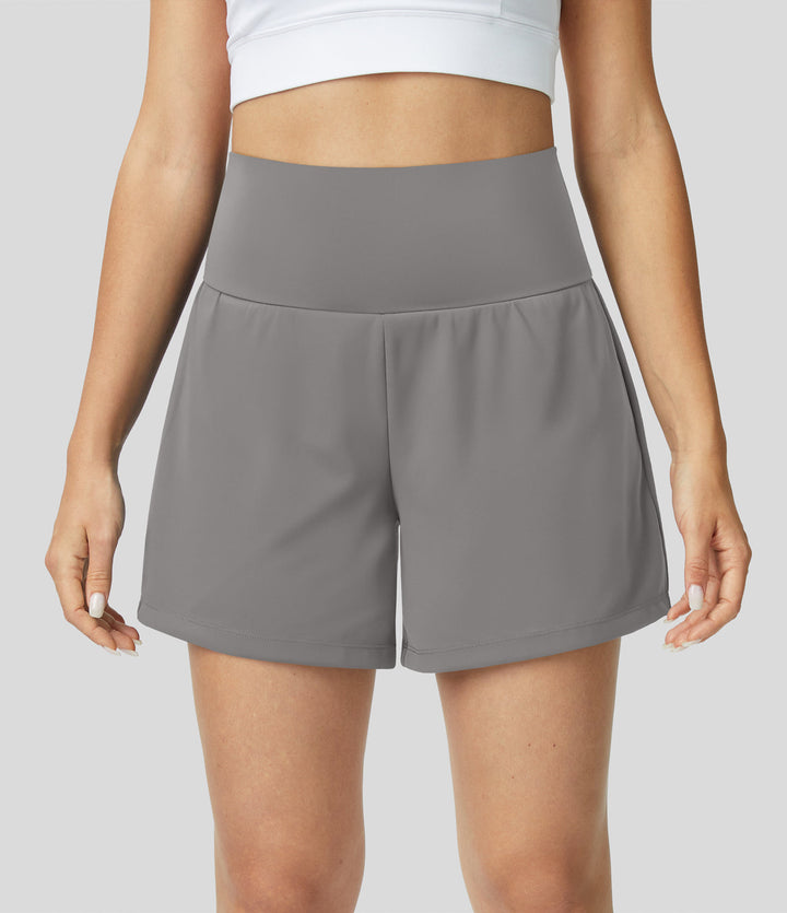 High-Waist Shorts Damen | 2-in-1 Fitnesshose | Yoga | schnelltrocknend | Sommer-Grau-S-Luzern Mode