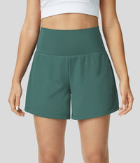 High-Waist Shorts Damen | 2-in-1 Fitnesshose | Yoga | schnelltrocknend | Sommer-Grün-S-Luzern Mode