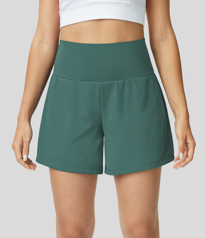 High-Waist Shorts Damen | 2-in-1 Fitnesshose | Yoga | schnelltrocknend | Sommer-Grün-S-Luzern Mode