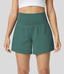 High-Waist Shorts Damen | 2-in-1 Fitnesshose | Yoga | schnelltrocknend | Sommer-Grün-S-Luzern Mode