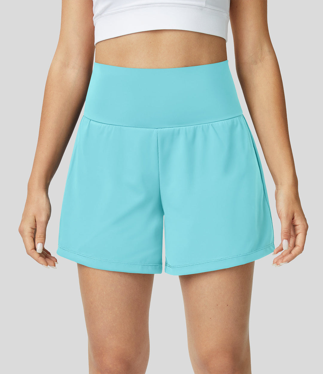 High-Waist Shorts Damen | 2-in-1 Fitnesshose | Yoga | schnelltrocknend | Sommer-Hellblau-S-Luzern Mode