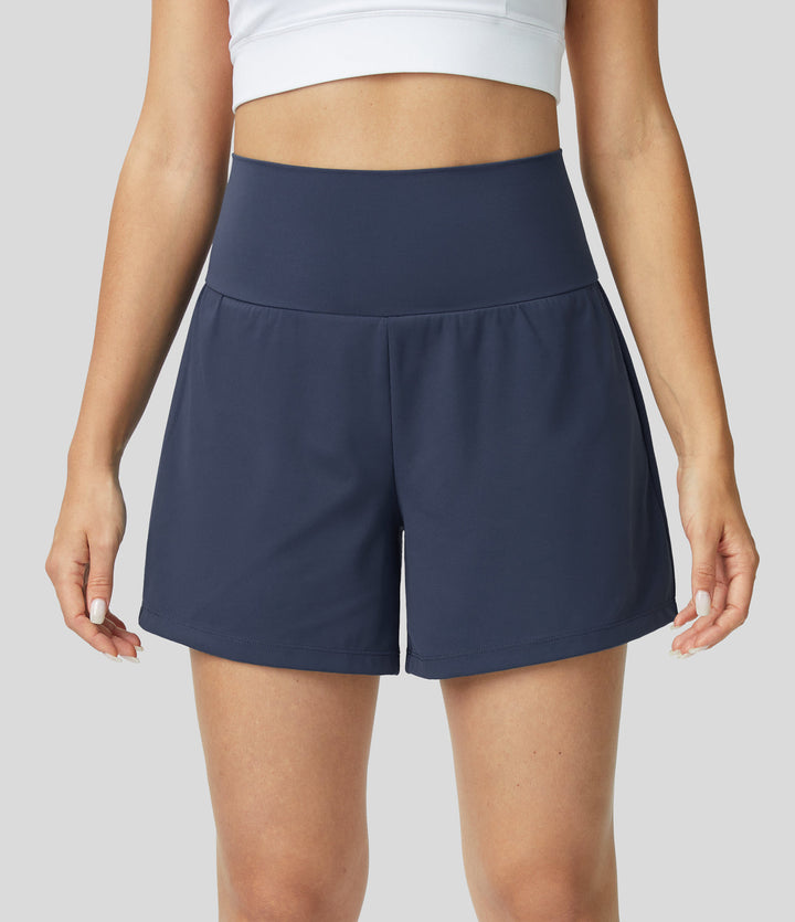 High-Waist Shorts Damen | 2-in-1 Fitnesshose | Yoga | schnelltrocknend | Sommer-Marineblau-S-Luzern Mode