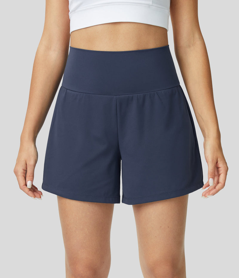 High-Waist Shorts Damen | 2-in-1 Fitnesshose | Yoga | schnelltrocknend | Sommer-Marineblau-S-Luzern Mode