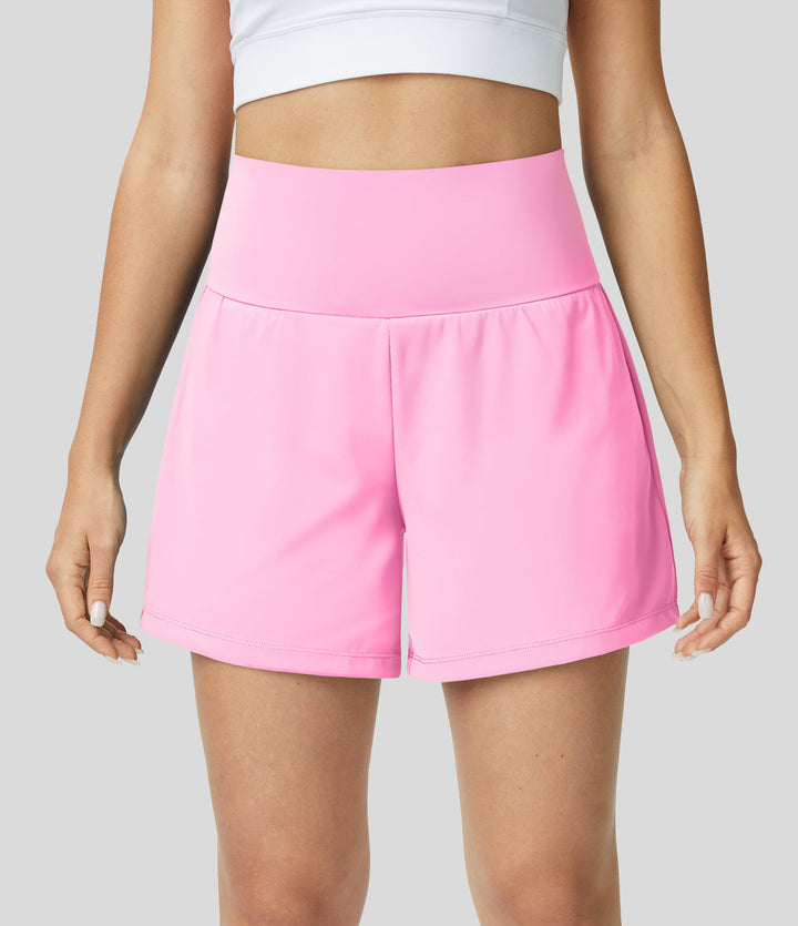 High-Waist Shorts Damen | 2-in-1 Fitnesshose | Yoga | schnelltrocknend | Sommer-Rosa-S-Luzern Mode
