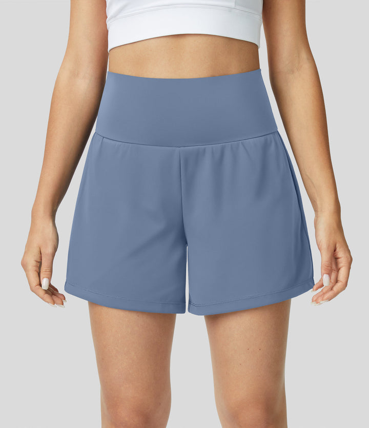 High-Waist Shorts Damen | 2-in-1 Fitnesshose | Yoga | schnelltrocknend | Sommer-Steinblau-S-Luzern Mode