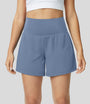 High-Waist Shorts Damen | 2-in-1 Fitnesshose | Yoga | schnelltrocknend | Sommer-Steinblau-S-Luzern Mode