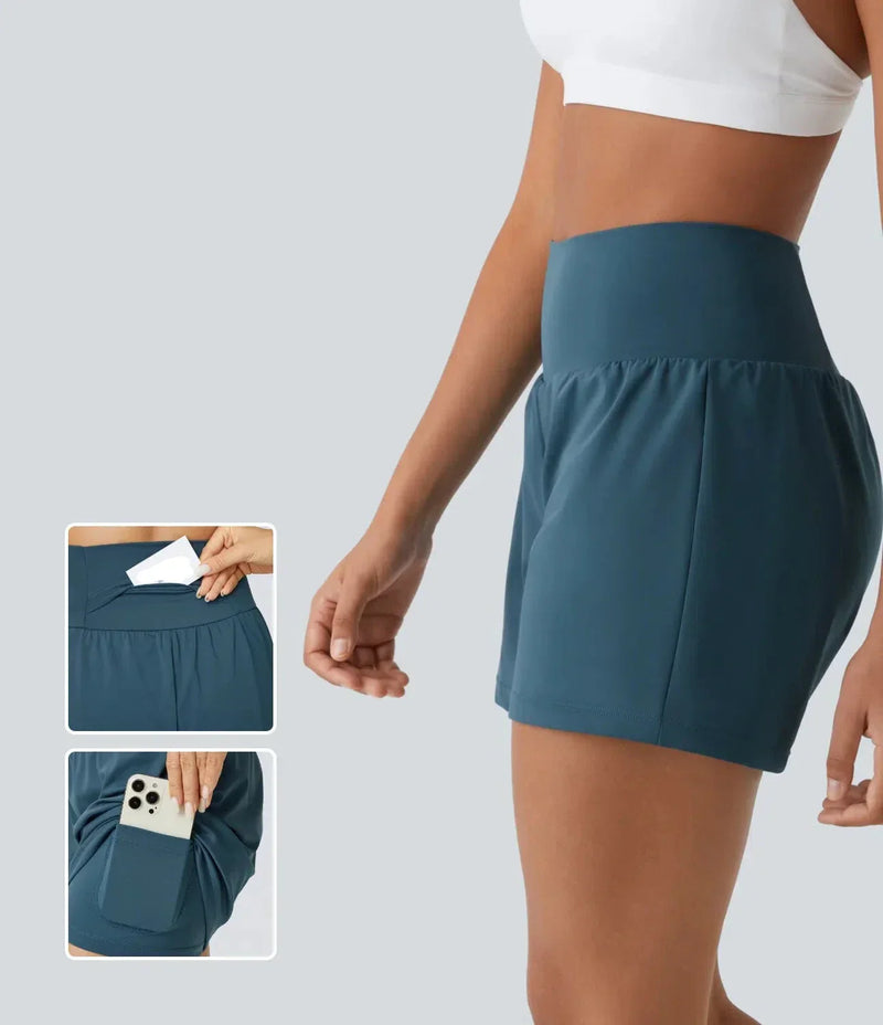 High-Waist Shorts Damen | 2-in-1 Fitnesshose | Yoga | schnelltrocknend | Sommer-Türkisblau-S-Luzern Mode