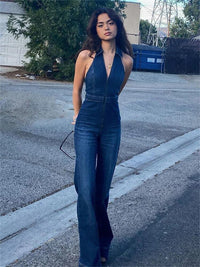 Denim Jumpsuit Damen | V-Ausschnitt mit Kragen | Lockerer Einteiler | Atmungsaktiv-Luzern Mode