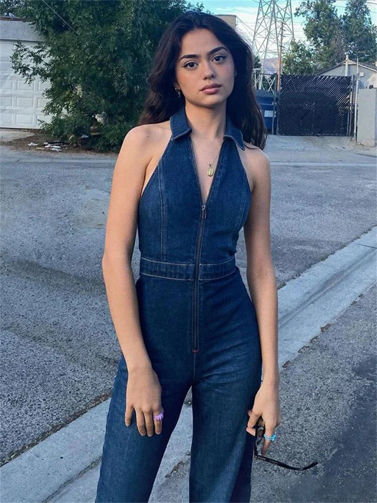 Denim Jumpsuit Damen | V-Ausschnitt mit Kragen | Lockerer Einteiler | Atmungsaktiv-Luzern Mode